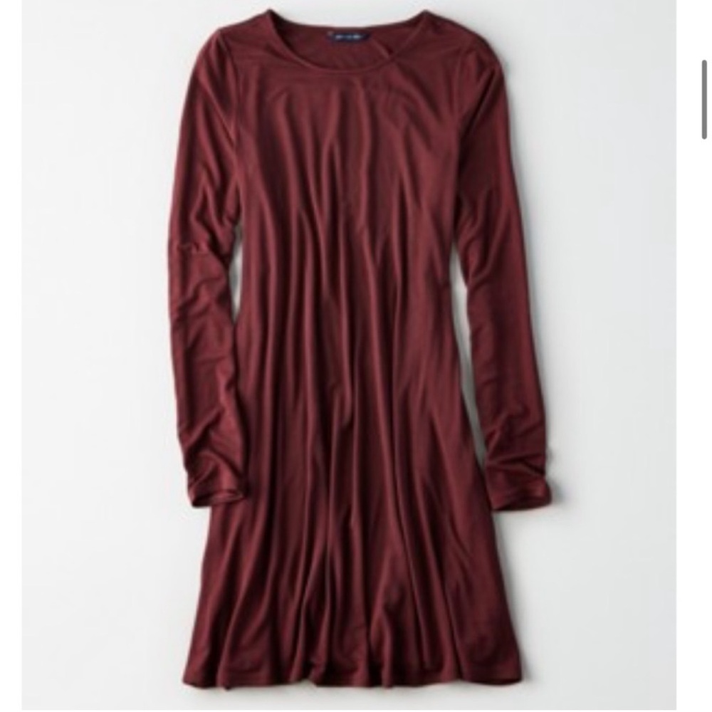 AEO American Eagle Long Sleeve knit Swing Dress Burgundy Red Wine